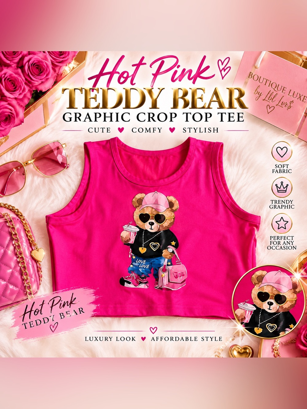 Hot Pink Teddy Bear Graphic Crop Top Tee - Woman’s